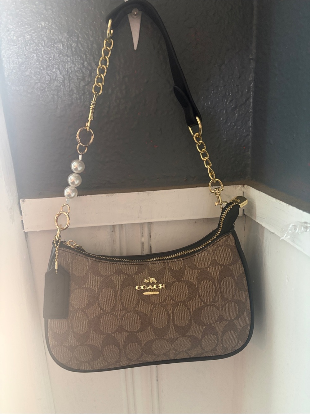 Coach Brown Signature Canvas Shoulder Bag with Gold Chain & Pearl Detail